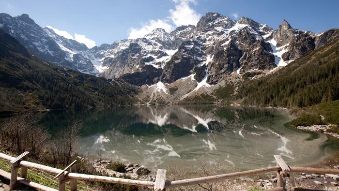 Morskie Oko i nad nim ośnieżone Mięguszowieckie Szczyty - najpopularniejsze miejsce w polskich Tatrach