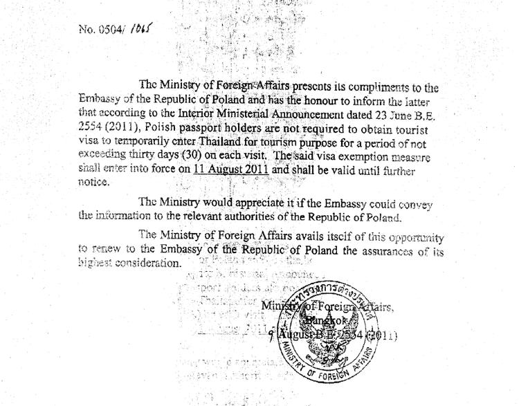 Nota tajskiego MSZ potwierdzająca zniesienie wiz dla Polaków