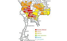 Mapa Tajlandii z zaznaczeniem terenów zalanych przez powodzie
