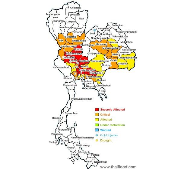 Mapa Tajlandii z zaznaczeniem terenów zalanych przez powodzie