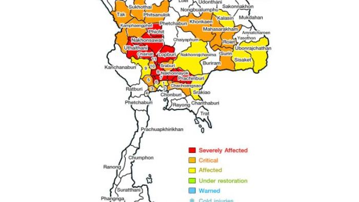 Mapa Tajlandii z zaznaczeniem terenów zalanych przez powodzie