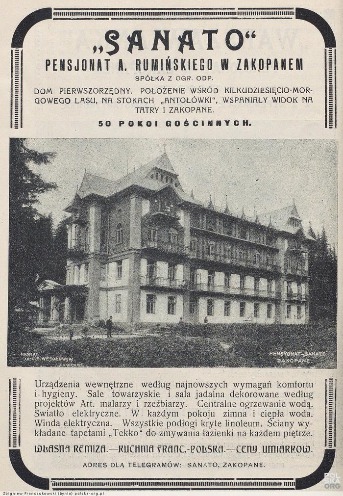 Reklama pensjonatu "Sanato" 1922 r.